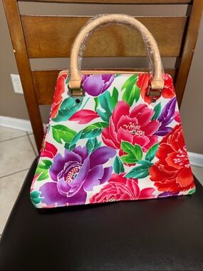Source Unknown Floral Top-Handle Satchel - Red/Purple/Green/Tan